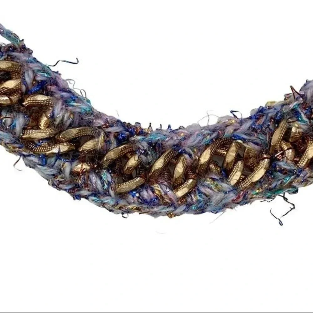 Bohemian Crochet Lurex Yarn & Gold Chain Necklace